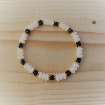Bracelet de pierres précieuses composé de lentilles de cristal de roche craquelées et de cubes de lapis lazuli