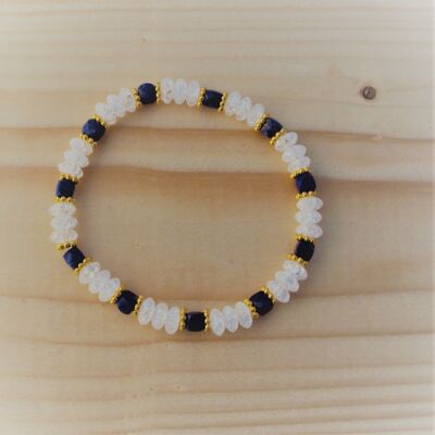 Bracelet de pierres précieuses composé de lentilles de cristal de roche craquelées et de cubes de lapis lazuli