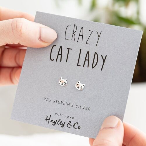 Crazy Cat Lady Kitten Face Sterling Silver Earrings