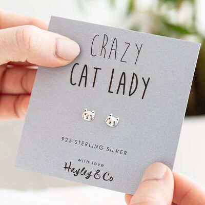 Boucles d'oreilles en argent sterling avec visage de chaton Crazy Cat Lady