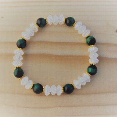 Gemstone bracelet made of cracked rock crystal lenses and green tiger's eye balls