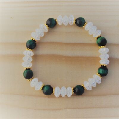Gemstone bracelet made of cracked rock crystal lenses and green tiger's eye balls