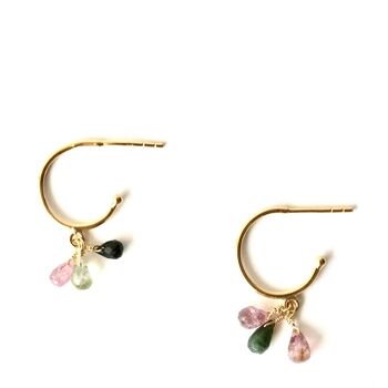 Boucles d'oreilles femme, créoles Tourmaline en argent 925. Plaqué or. Doré. Mariages, invités. Printemps. Fabriqué main. 1