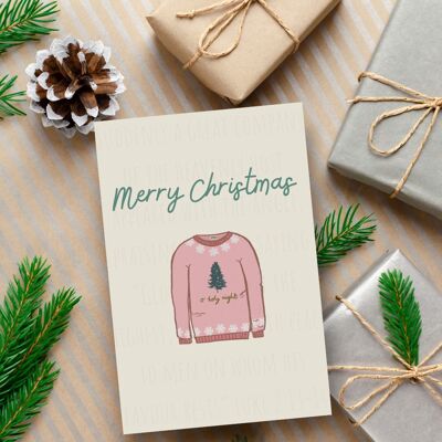Christmas Jumper Card, Cosy Christmas Hand-Drawn Illustrations, Cream and Pink, 6x4