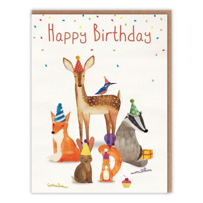 Cartolina di buon compleanno carina - acquerello di animali del bosco