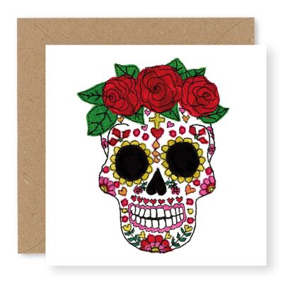 Crâne avec des roses - rouge et rose