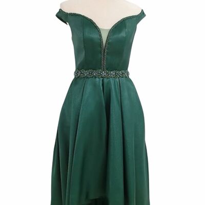 Ceremony dress with asymmetric beaded boat neck Emerald green