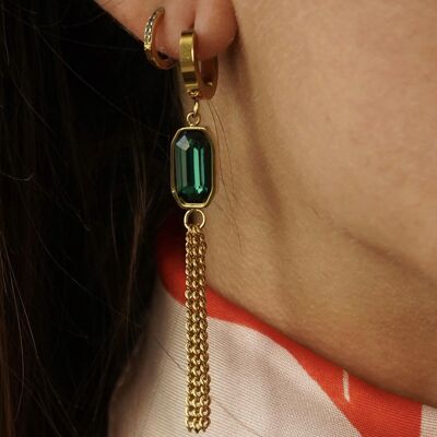 Short hoop earrings with enamelled stone rectangular charms and dangling chains Green