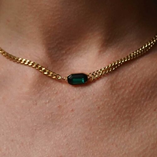 Collier acier double chaine, pierre émaillée rectangulaire Vert