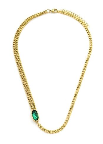 Collier acier double chaine, pierre émaillée rectangulaire Vert 2