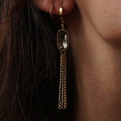 Short hoop earrings with enamelled stone rectangular charms and dangling chains Gray