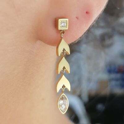 Long ear of wheat steel earrings, fine oval rhinestones, square rhinestone chip