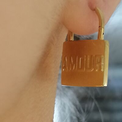 Love inscription padlock steel earrings