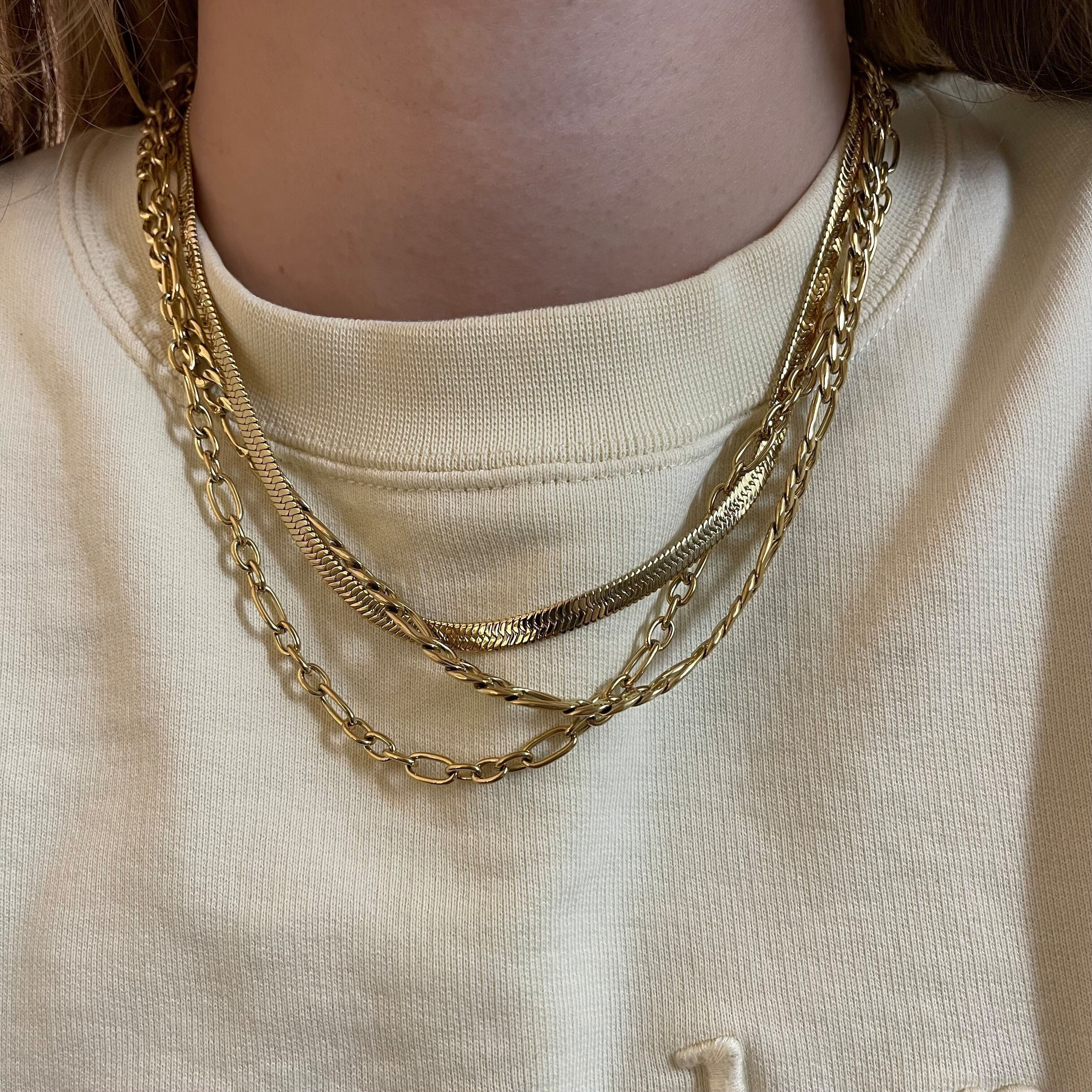 Collana in acciaio a 3 fili, catena piatta, maglia larga