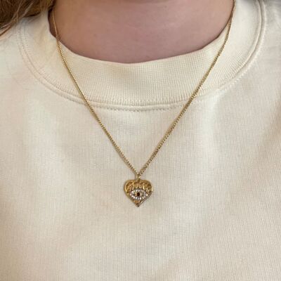 Collar de acero con placa de corazón y ojo de strass