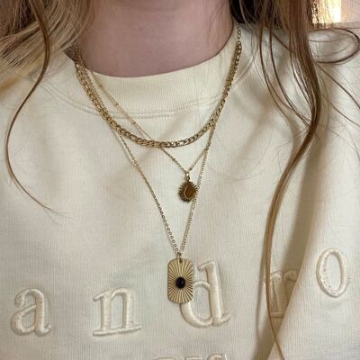 Collar de acero colgante de sol de 3 filas, colgante de placa de sol de piedra en el centro