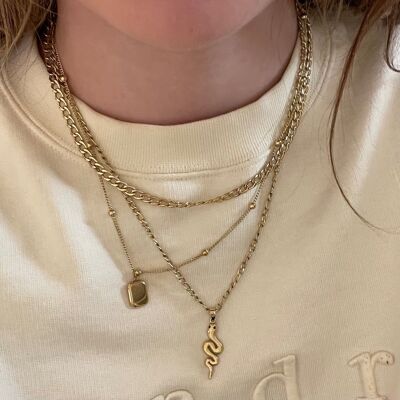 Steel necklace 3 rows Snake pendant, rectangular plate pendant