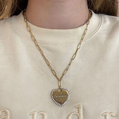 Steel necklace with wide links, rhinestone heart pendant and electrocardiogram