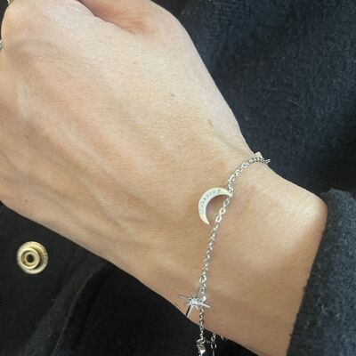 Star and moon tassel steel bracelet with rhinestones