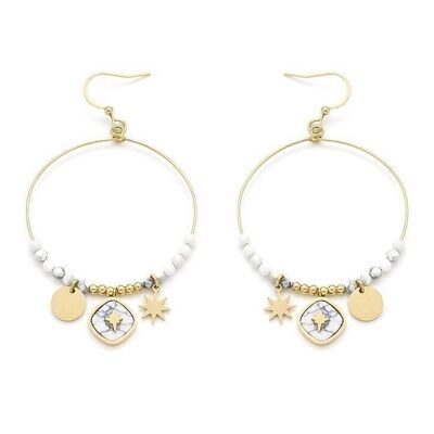 Boucles d'oreilles acier cercle avec perles breloques carré , pampilles , étoiles