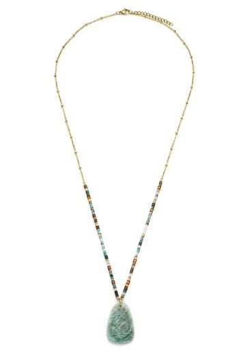 Collier acier chaine et perles pendentif pierre plate triangulaire Mix 2