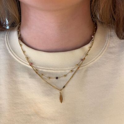 Zweireihige Halskette aus Stahl, dünne und runde Perlen, Kette mit Federanhänger