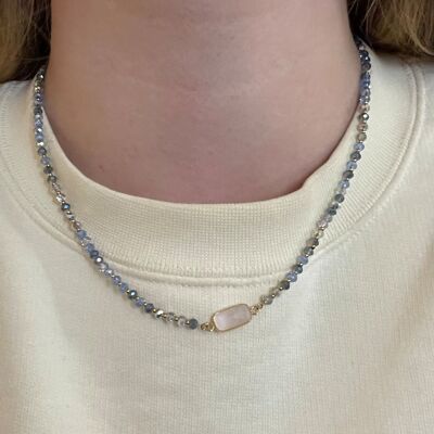 Steel beaded necklace with rectangular enamelled stone pendant