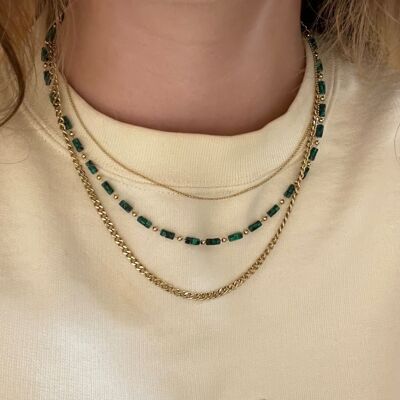 3-reihige Halskette aus Stahl, zwei feine Ketten, 1 Kette aus flachen runden Perlen
