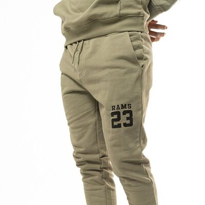 RAMS 23 ORGANIC TROUSERS Army Green Pantalon en peluche épais avec vinyle du logo classique RAMS 23 sur la jambe gauche