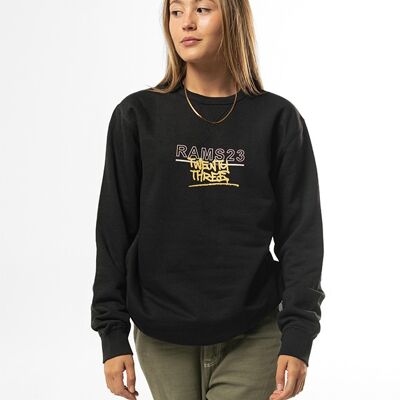 QR RAMS 23 SWEATSHIRT Black Round neck sweatshirt with QR RAMS 23 print on the front and back.