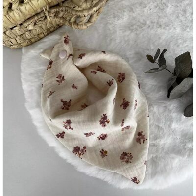 Scarf/cheche in double cotton gauze with small purple flowers