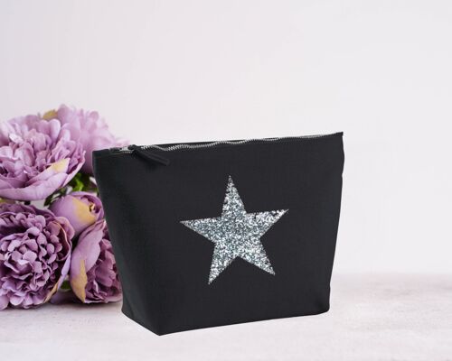 Silver Glitter Star Black 100% Cotton Canvas Accessory Make Up Bag
