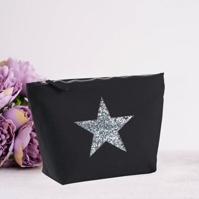 Silver Glitter Star Black 100% Cotton Canvas Accessory Make Up Bag