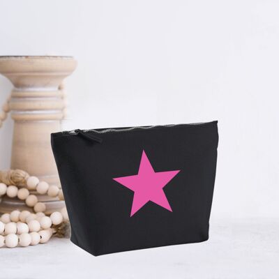 Pink Star 100% Black Cotton Canvas Accessory Make Up Bag
