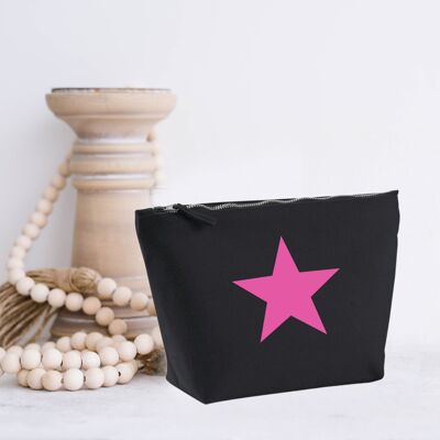 Pink Star 100% Black Cotton Canvas Accessory Make Up Bag