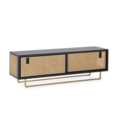 MUEBLE TV 160X42X52 MADERA NEGRO/RATAN NATURAL/METAL DORADO TH2649727