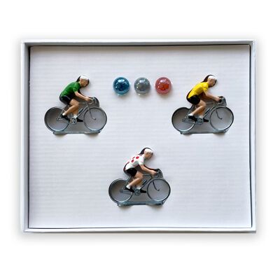 Coffret jeu 3 cyclistes + 3 billes - TDF  - Cyclistes : Maillot Jaune, Maillot à pois, Maillot Vert