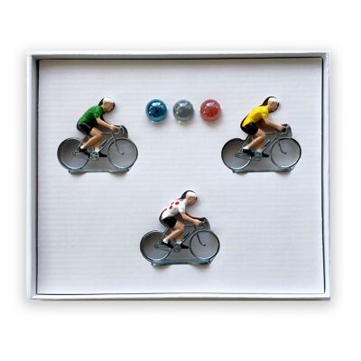 Caja de juego para 3 ciclistas + 3 balones - TDF - Ciclistas: Maillot Amarillo, Maillot Lunares, Maillot Verde