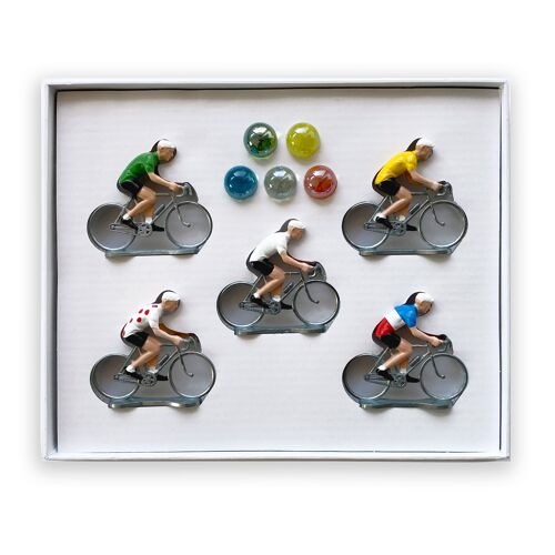 Coffret jeu 5 cyclistes + 5 billes - Cyclistes : Maillots Jaune, Vert, Pois et Champion du Monde, Champion National