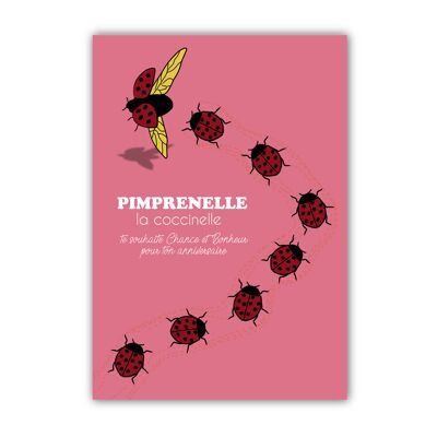 CARTE ANNIVERSAIRE - PIMPRENELLE LA COCCINELLE - ROSE