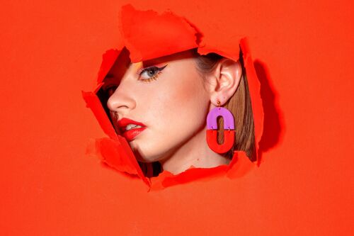 Pill Drop Earrings, Red and Lilac