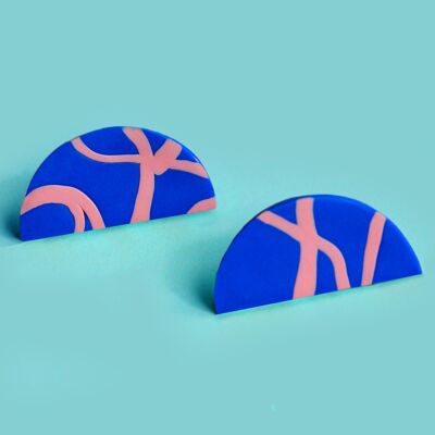Orecchini a bottone a mezza luna Scribble, blu e rosa