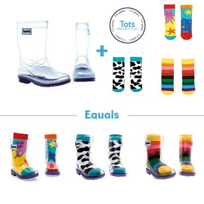 Squelch Transparent Welly Bottes et Sock Package vache