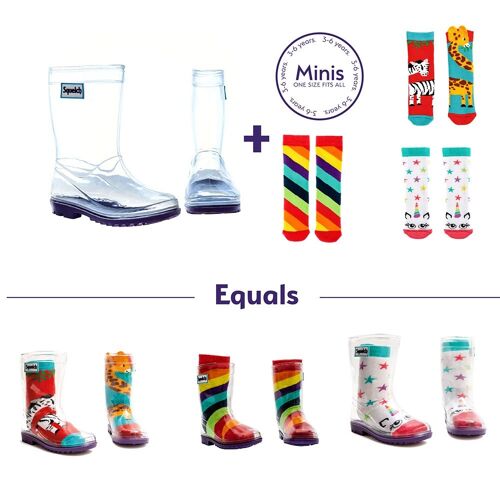 Squelch Transparent Welly Boots and Sock Package Giraffe and Zebra