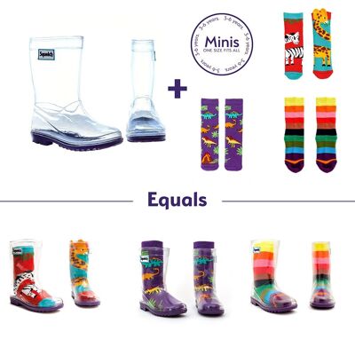 Squelch Transparent Welly Bottes et Chaussettes Paquet Dino