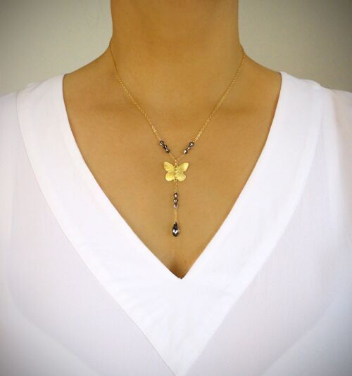 Gold butterfly Y necklace with Black Diamond crystals