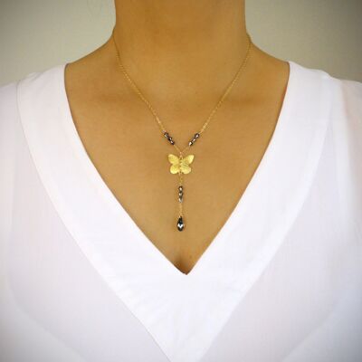 Goldene Schmetterlings-Y-Halskette mit schwarzen Diamantkristallen