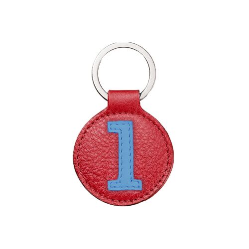Porte-clés numéro 1 bleu fond rouge fraise / Blue and red key chain number 1