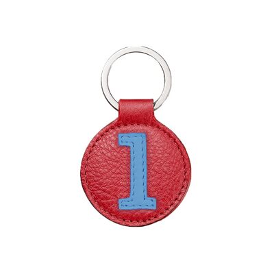 Porte-clés numéro 1 bleu fond rouge fraise / Blue and red key chain number 1