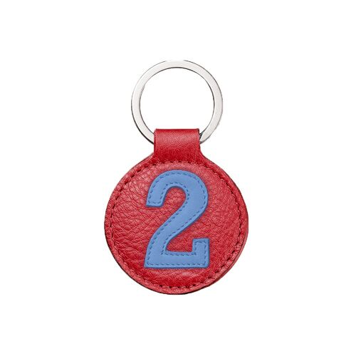 Porte-clés numéro 2 bleu fond rouge fraise / Blue and red key chain number 2